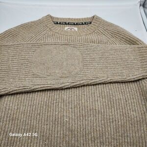 Fat Face Tan Knit Pullover Sweater Elbow Patches Size L Reg